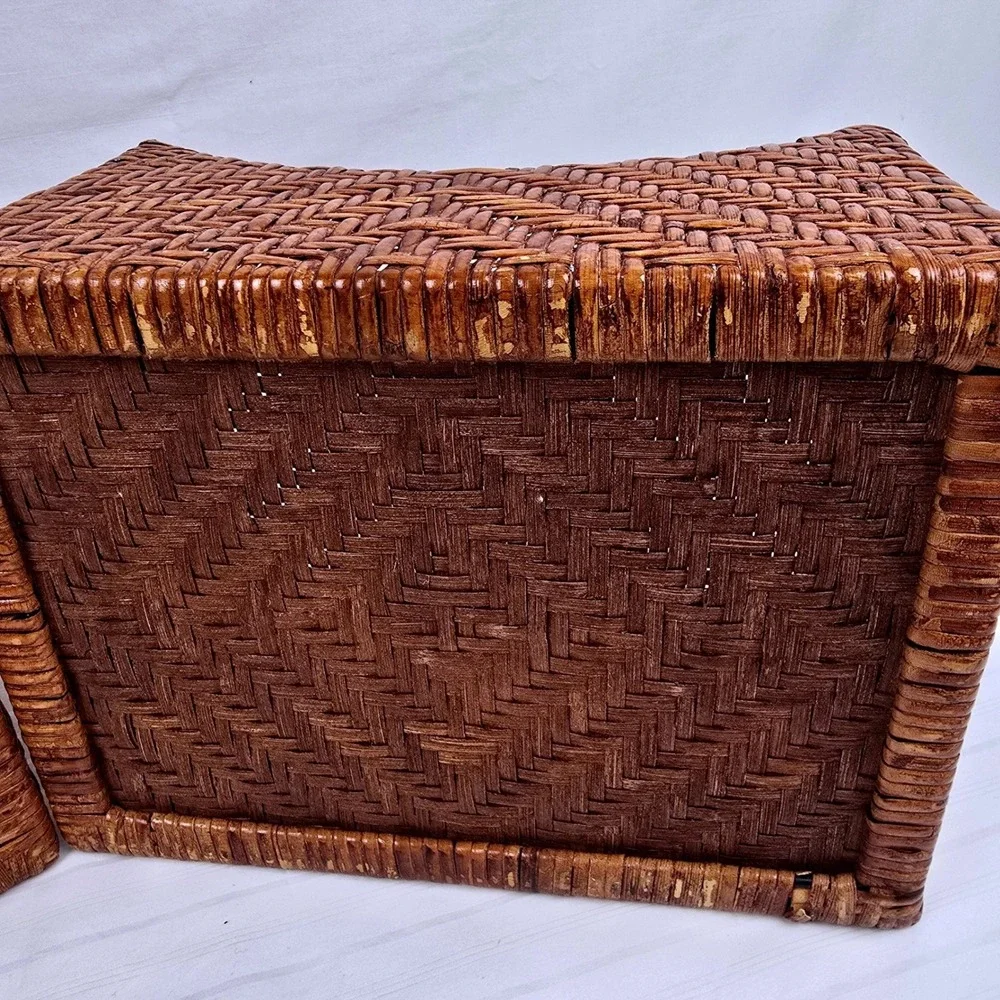 Set of 2 Woven Wicker Storage Baskets Brown Chevron Sloped‎ Farmhouse Organizer